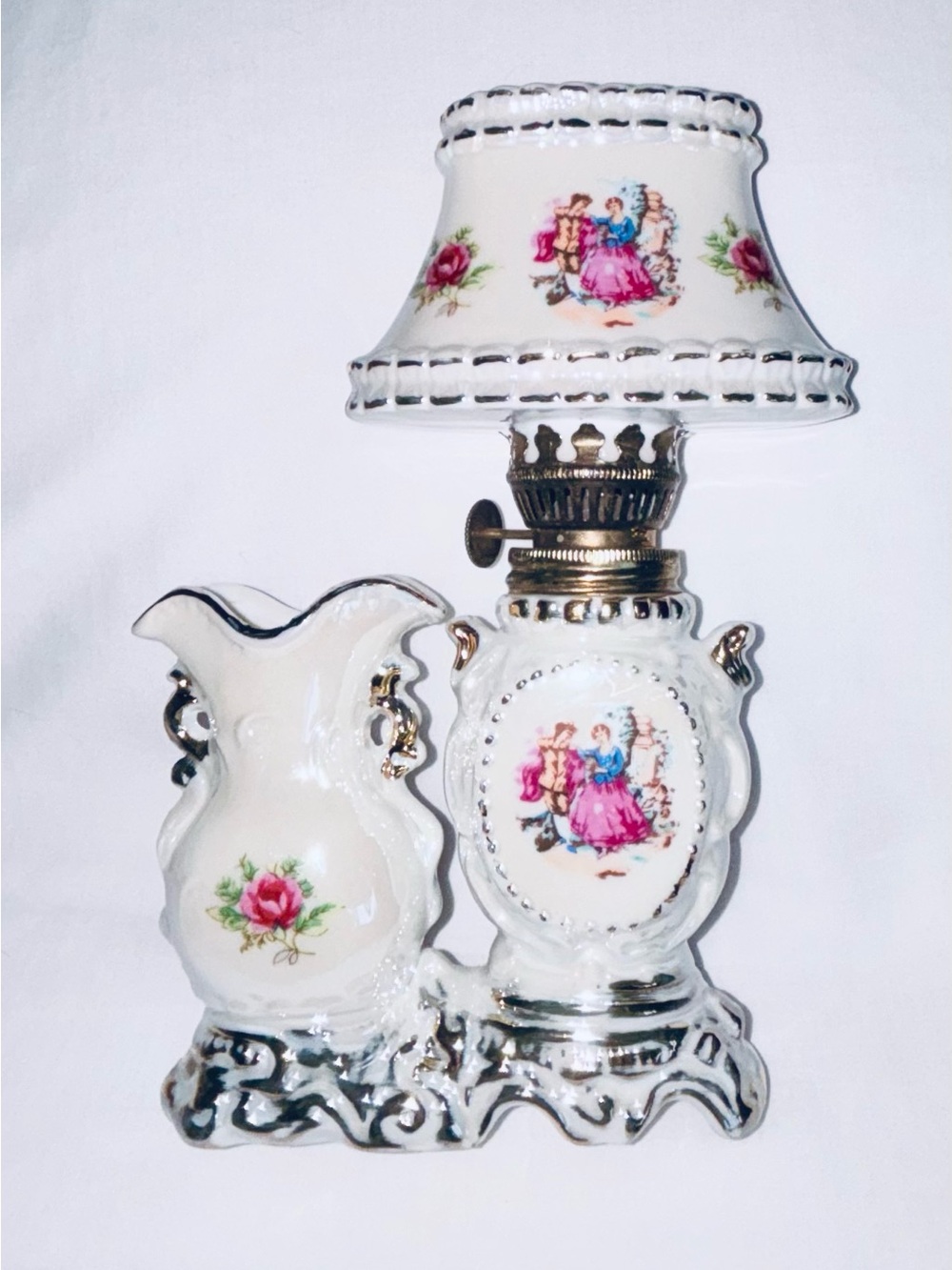 Vintage Japan Lustreware Small Oil Lamp Vase Combination Giftcraft Pink Rose